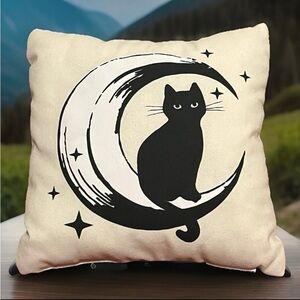 Halloween Cat on the Moon Pillow Cozy Witchy whimsigoth
